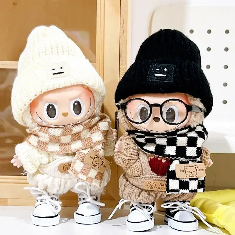 17cm Labubu V1/V2 Doll Clothes – Color Match Hoodies & Plaid Overalls