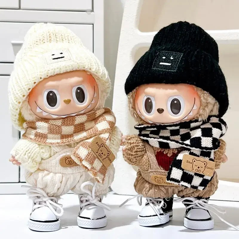 17cm Labubu V1/V2 Doll Clothes – Color Match Hoodies & Plaid Overalls